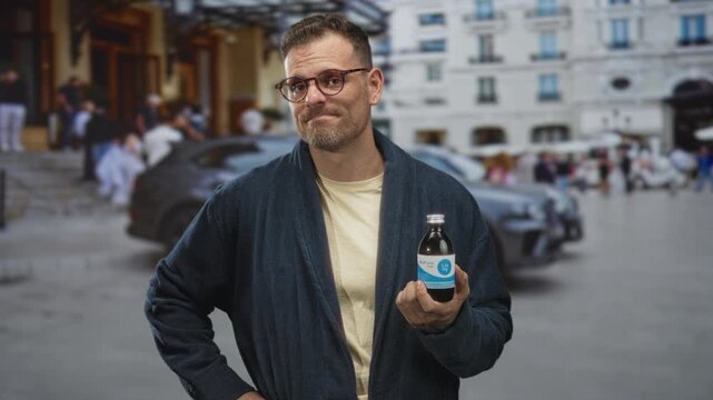 Man holds medicine bottle in right hand, hand on hip with a slight shrug gesture on a crowded street; hesitation self care.