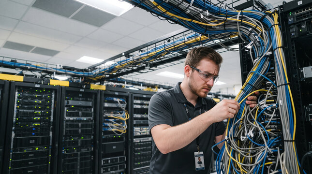 Data center expansion network cable technician server rack wiring maintenance focus