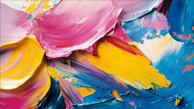 Vibrant paint strokes in bold pink, yellow, and blue hues. Texture-rich brushwork shows thick, expressive paint layers. Colors blend and contrast dynamically across the canvas
