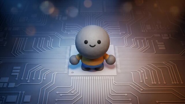 青と琥珀色の光が当たる半導体ウェハー回路のクリーンルームで、うつむき姿勢から立ち直るクレイ調キャラクターの俯瞰3Dアニメーション
