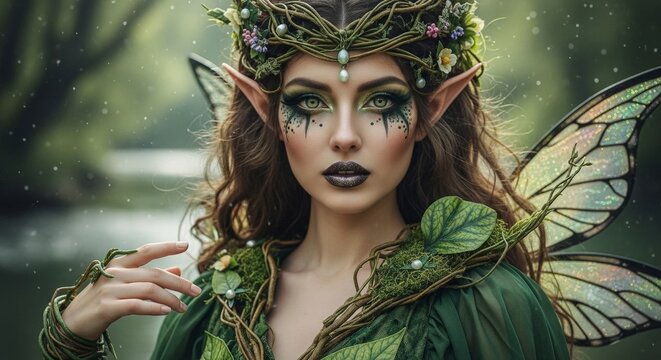 Mystical forest elf fairy with pointed ears, floral crown and shimmering wings in an enchanting fantasy portrait
