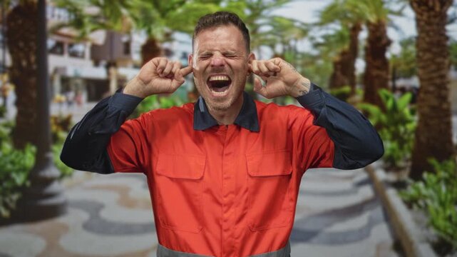 Man in orange construction uniform plugs ears with fingers and screams on a palm lined street; frustration overload.