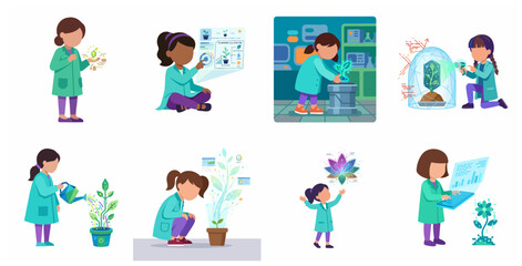 Fototapeta premium Flat illustration set of young girl scientists exploring futuristic biotechnology and digital plant cultivation in a lab