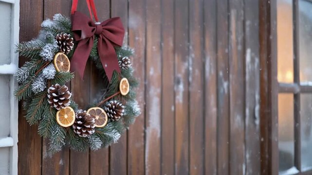 Retro Christmas Wreath with Pine Cones and Oranges on Wooden Door in Snowfall, Festive Holiday Full HD Motion Background