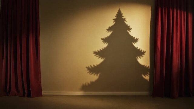 Minimalist Christmas Tree Silhouette Shadow Projected on a Wall Between Red Curtains in a Retro Setting Full HD