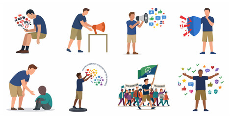 Fototapeta premium Digital Kindness and Cyberbullying Illustration Set Showing Online Safety, Social Media Positivity, and Harassment Prevention