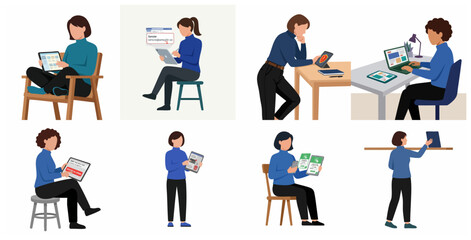 Fototapeta premium Set of vector illustrations depicting a woman managing emails and cybersecurity, including phishing awareness, data protection, and digital safety on various devices.