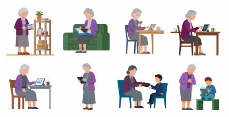 Fototapeta premium Elderly Woman Using Digital Tablet and Smartphone Technology Set, Senior Grandmother Learning Modern Gadgets with Grandson Illustration