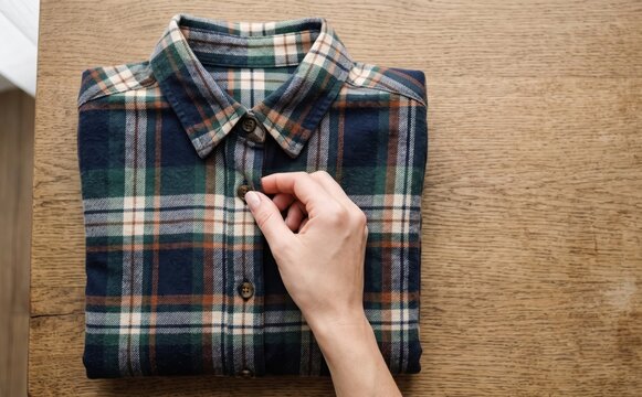 Woman buttoning a neatly folded plaid flannel shirt on a wooden table for clothing organization