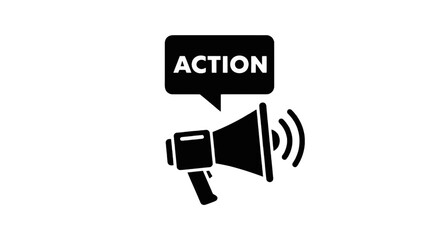 Fototapeta premium Vector illustration of megaphone icon with speech bubble containing the word action on a transparent background