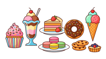Set of colorful sweet desserts including cupcakes ice cream donuts and cakes.