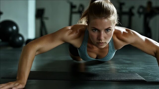 Female fitness enthusiast during push-ups exercise in gym.