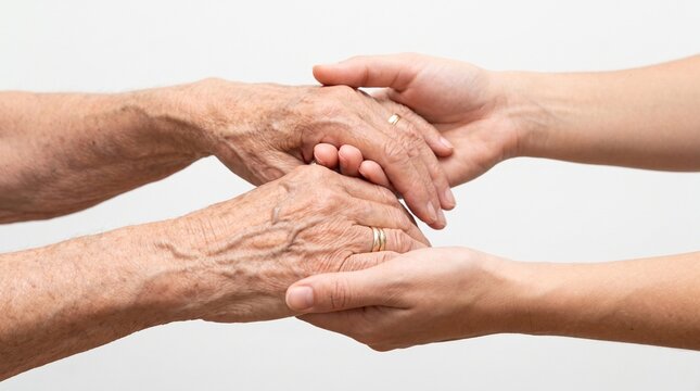 Two hands, one old and wrinkled and the other young and smooth, clasped together in a gesture of support and care. The image evokes feelings of empathy, connection, and the passage of time