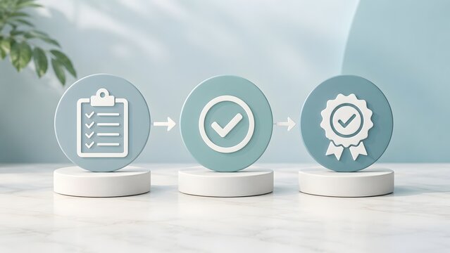 Three pastel circular badges on white podiums showing a sequence of checklist checkmark and certification ribbon for quality control and approval process.