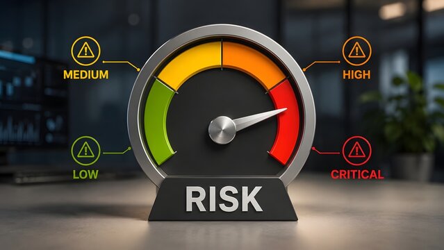 3D risk management gauge meter pointing to critical red zone with low medium high and critical levels on office desk.