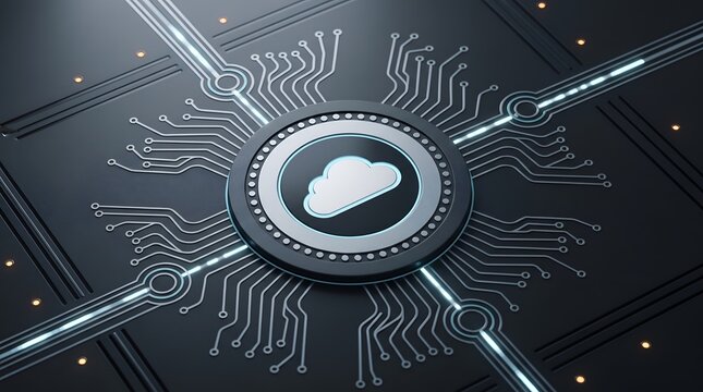 Cloud computing microchip architecture featuring a glowing central node on a digital circuit board representing advanced data processing hardware
