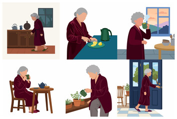 Fototapeta premium Flat illustration set of an elderly woman's morning routine, including drinking tea, slicing lemon, watering plants, and domestic activities at home.
