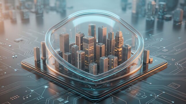 Smart city skyline protected under glass dome on circuit board representing urban cybersecurity and futuristic IoT infrastructure
