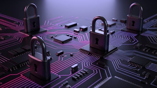 Multi layer network encryption with metal padlocks on processor chips representing distributed blockchain security and enterprise data defense