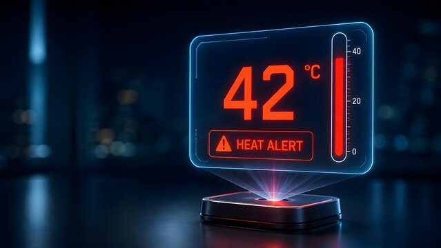 Futuristic holographic projection displaying a forty two degree celsius heat alert and temperature bar representing extreme urban heatwaves and smart climate monitoring.