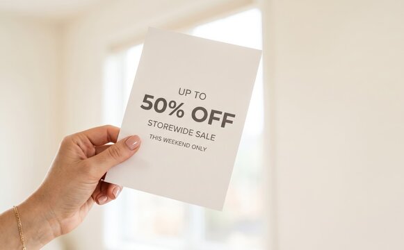 Hand holding a promotional sale flyer offering fifty percent off storewide for a weekend shopping event