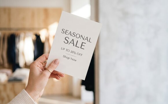 Woman holding a seasonal sale flyer with discounts inside a clothing store representing retail promotion