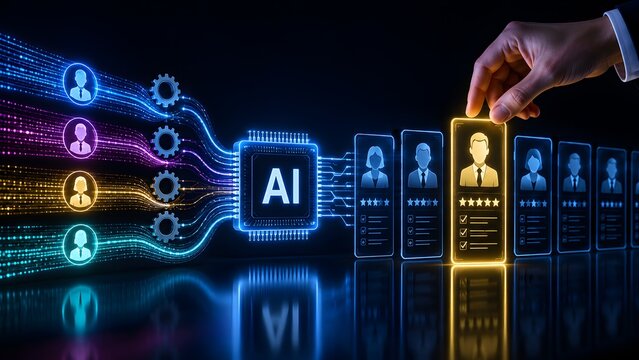Advanced AI technology streamlines the recruitment process, with a hand selecting the optimal candidate profile, illustrating smart talent acquisition for modern human resources.