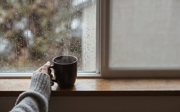 Cozy rainy day mood with a steaming cup of coffee by the wet window for relaxation