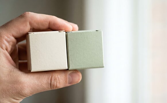 Person holding two small cardboard boxes in hand, product packaging mockup design concept