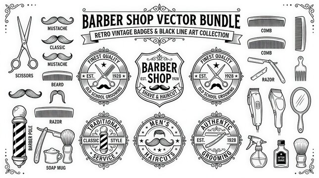 Barber Shop Vector Bundle: A collection of vintage-style barber shop emblems, illustrations of barber tools, and design elements in a classic black and white line art style.
