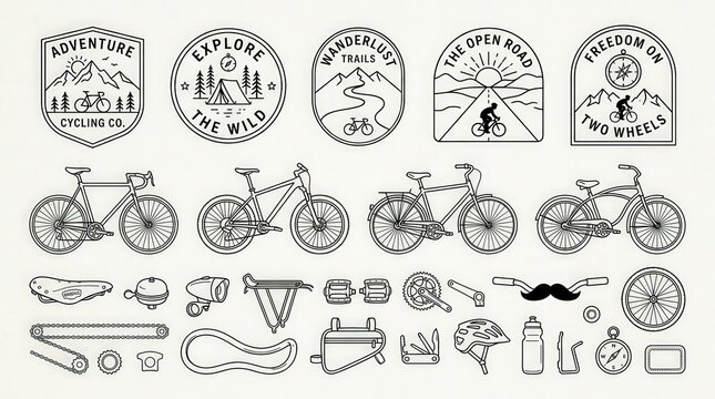 Cycling Lifestyle Icons and Bicycle Components: A collection of vintage-style badges and modern bicycle parts, celebrating the joy of cycling and outdoor adventure.