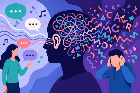Auditory Processing Disorder conceptual illustration of a person overwhelmed by sound, letters, and noise pollution with a silhouette showing a tangled brain misinterpreting speech