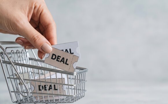 Hand putting a deal coupon into a miniature shopping cart symbolizing savings and discounts