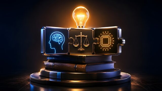 Illuminating the critical convergence of human intellect, legal principles, and advanced AI technology, built upon a foundation of knowledge for ethical future innovation.