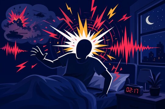 Exploding Head Syndrome conceptual illustration of a person waking up in bed from a loud imaginary noise explosion at night with sound waves and lightning bolts