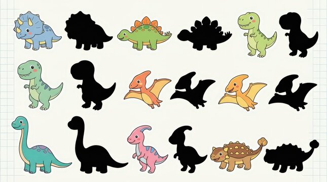 Dinosaur Matching Game: A playful collection of cartoon dinosaur illustrations with their corresponding silhouettes, designed for a fun matching activity.