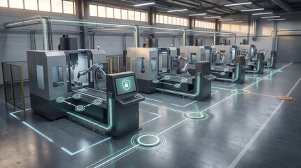 Fototapeta premium Smart factory cybersecurity infrastructure featuring automated manufacturing line with digital shield interface and connected network pathways
