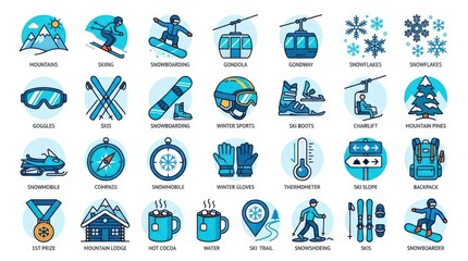 Fototapeta premium Winter Sports Icon Set: A vibrant collection of stylized icons illustrating various winter sports and activities, including skiing, snowboarding, mountaineering, and cozy cabin scenes.