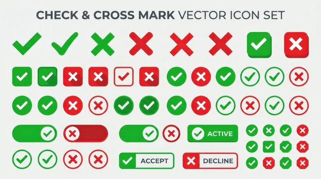 Check and Cross Mark Vector Icon Set: A comprehensive collection of vector icons featuring green checkmarks and red crosses, perfect for use in digital interfaces, design projects.