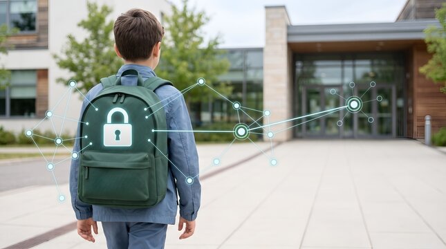 Student data privacy and school cybersecurity concept featuring digital padlock on child backpack for educational technology protection