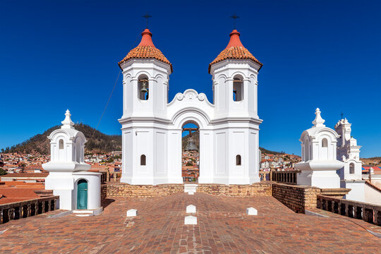 Rooftop of the Felipe Neri Convent with church towers, Sucre, Bolivia.