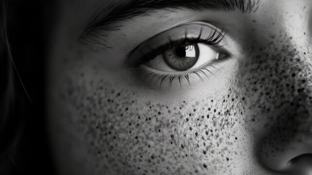 A detailed focusing on a person's facial features, including the closed eye lids and speckled skin.