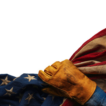 Worn work glove holding the American flag. Symbolic of hardworking blue collar workers, USA industries, pride in products Made in United States of America, or to celebrate US Labor Day. Isolated png.