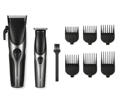 Electric Clipper Set with Trimmer Brush Guards for Complete Professional Barbering Grooming and Salon Styling