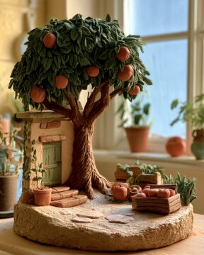 A clay apple tree stands in a warm orchard with lumpy fruit. Nearby, a cozy farmhouse is surrounded by small pots and vegetable boxes.