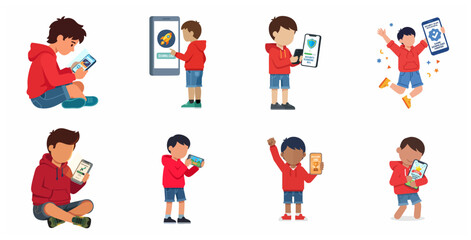 Fototapeta premium Vector illustration set of a young boy character using a smartphone for gaming, downloading apps, and mobile security.
