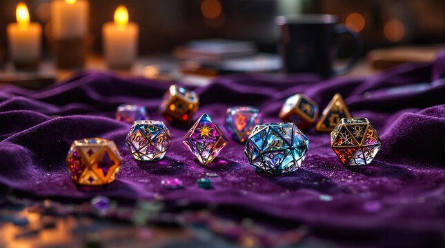 Vibrant fantasy role-playing dice set glowing on rich purple velvet for geekend gaming sessions