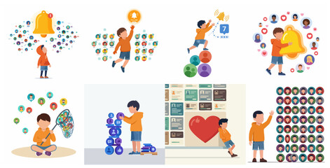Fototapeta premium Vector illustration set of a young boy interacting with social media icons, notification bells, followers, and digital marketing concepts.