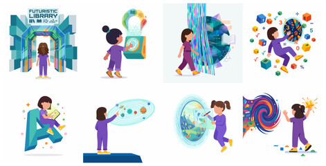 Fototapeta premium Vector Illustrations Set of a Young Girl Engaging with Futuristic Library and STEM Education Technology