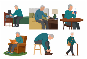 Fototapeta premium Set of elderly man daily routine activities, senior character waking up, drinking coffee, reading, and walking with a cane, flat vector illustration